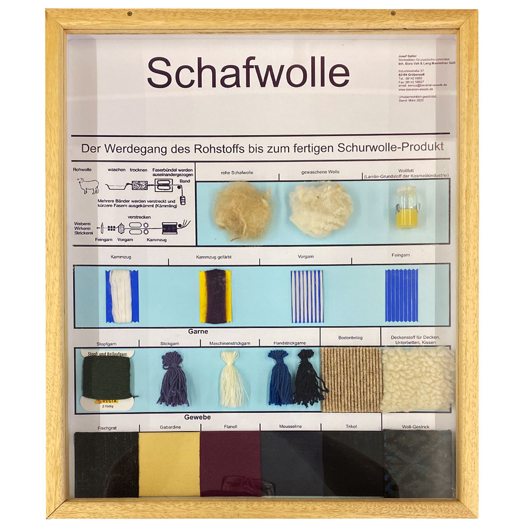 Schaukasten Schafwolle, im Holzrahmen 50x60 cm