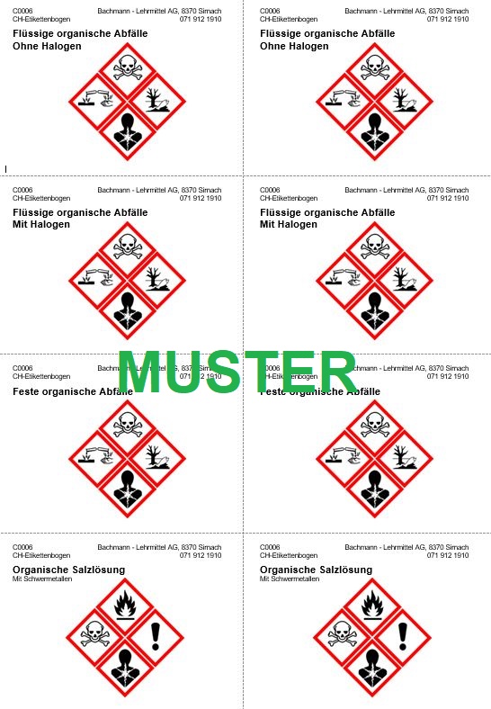 CH-Etiketten für Entsorgungsbehälter, Bogen mit 8 Etiketten CH-Etiketten für Entsorgungsbehälter, Bogen mit 8 Etiketten