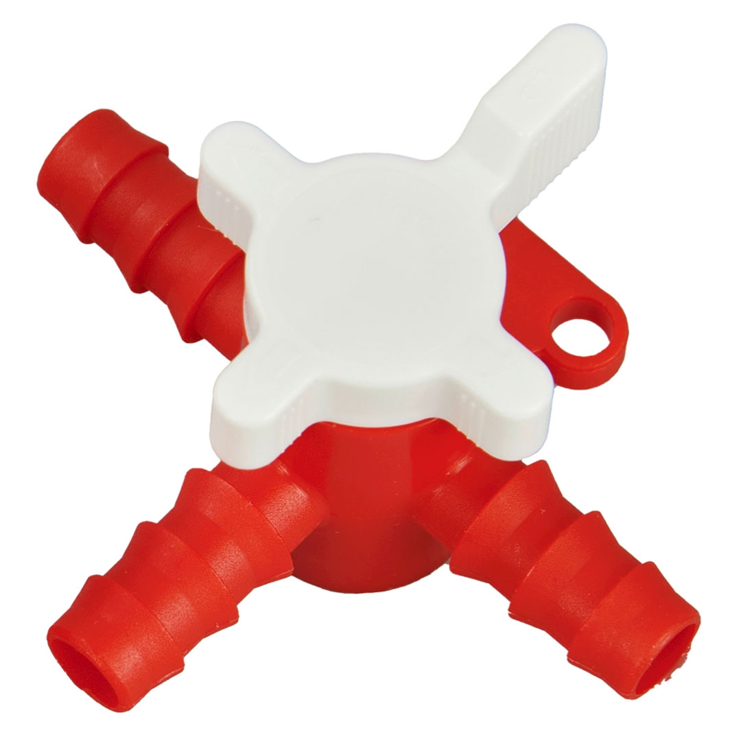 Dreiwegeventil PP/PE, Durchlass 8mm, für Schlauch Di=9-11mm