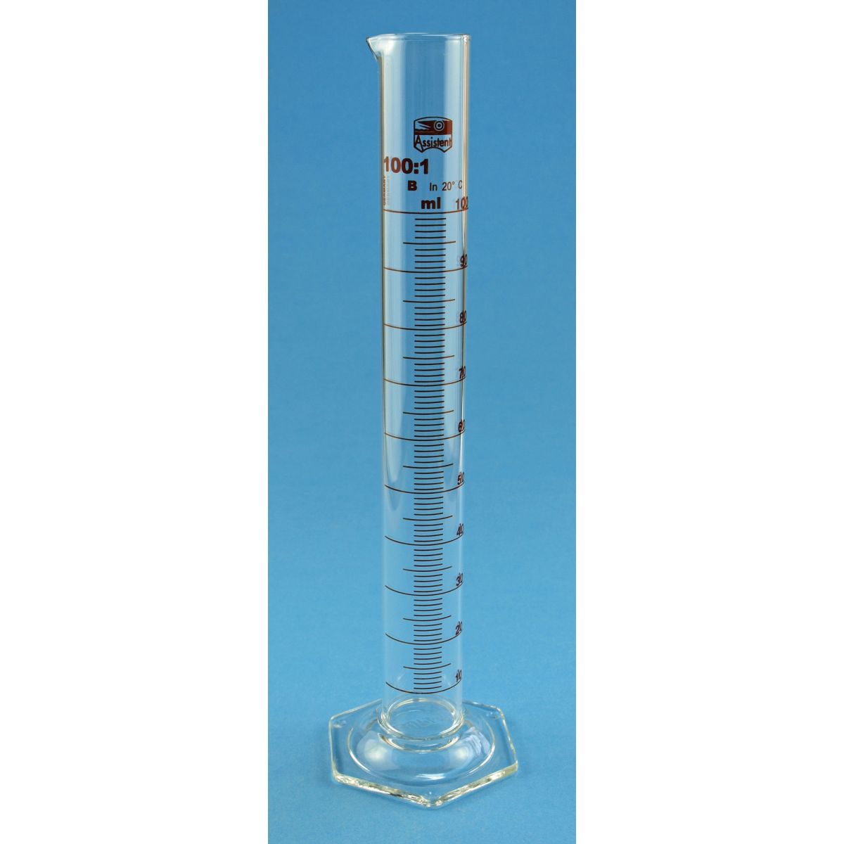 Messzylinder, Seckskantfuss, h.F. 100ml, Teilung 1ml