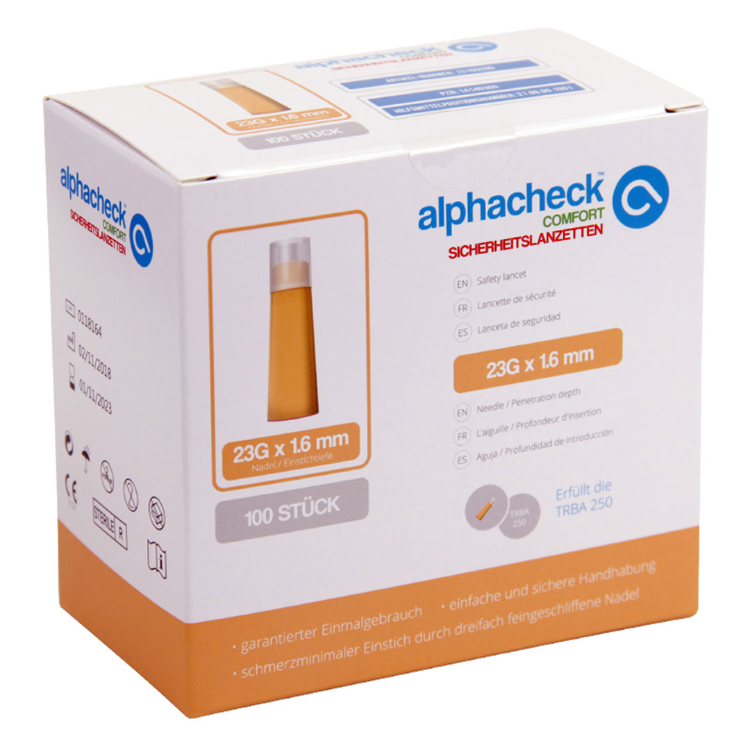 Sicherheits-Blutlanzette alphacheck comfort, 23G, für Einmalgebrauch, 100 Stück