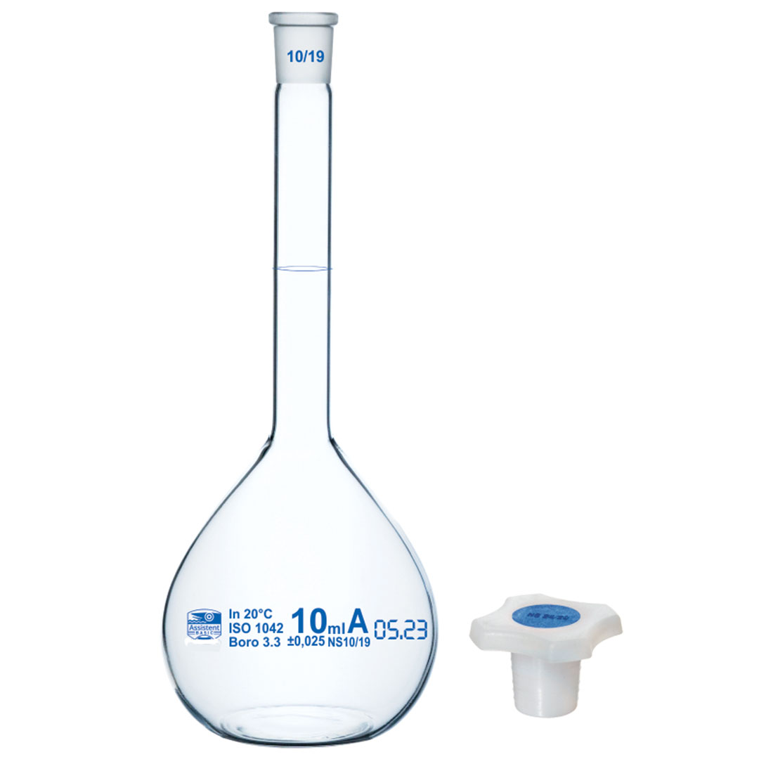 Messkolben BORO 3.3, NS10/19 mit Poly-Stopfen, 10ml