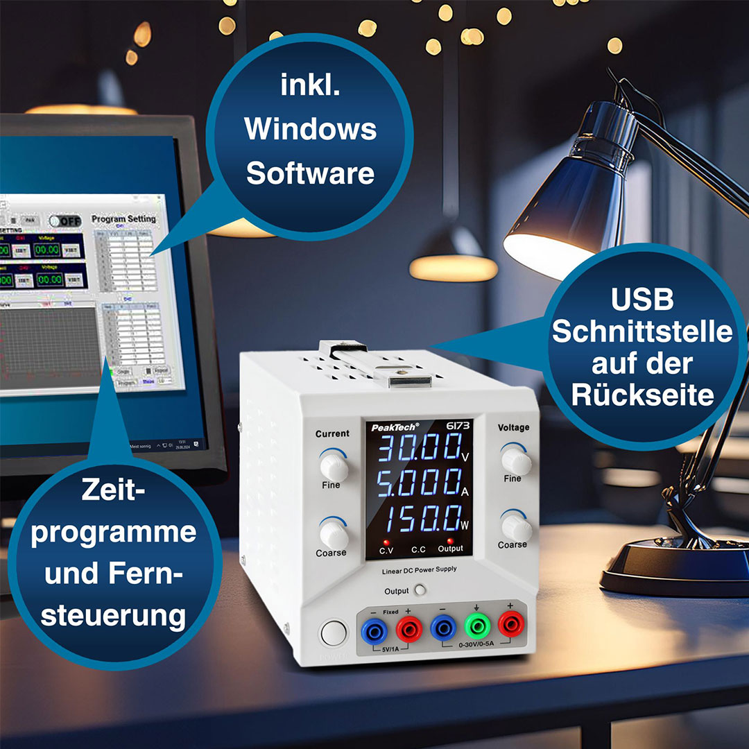 PeakTech® P 6173, Digital Labornetzgerät 0-30 V / 0-5 A DC & USB