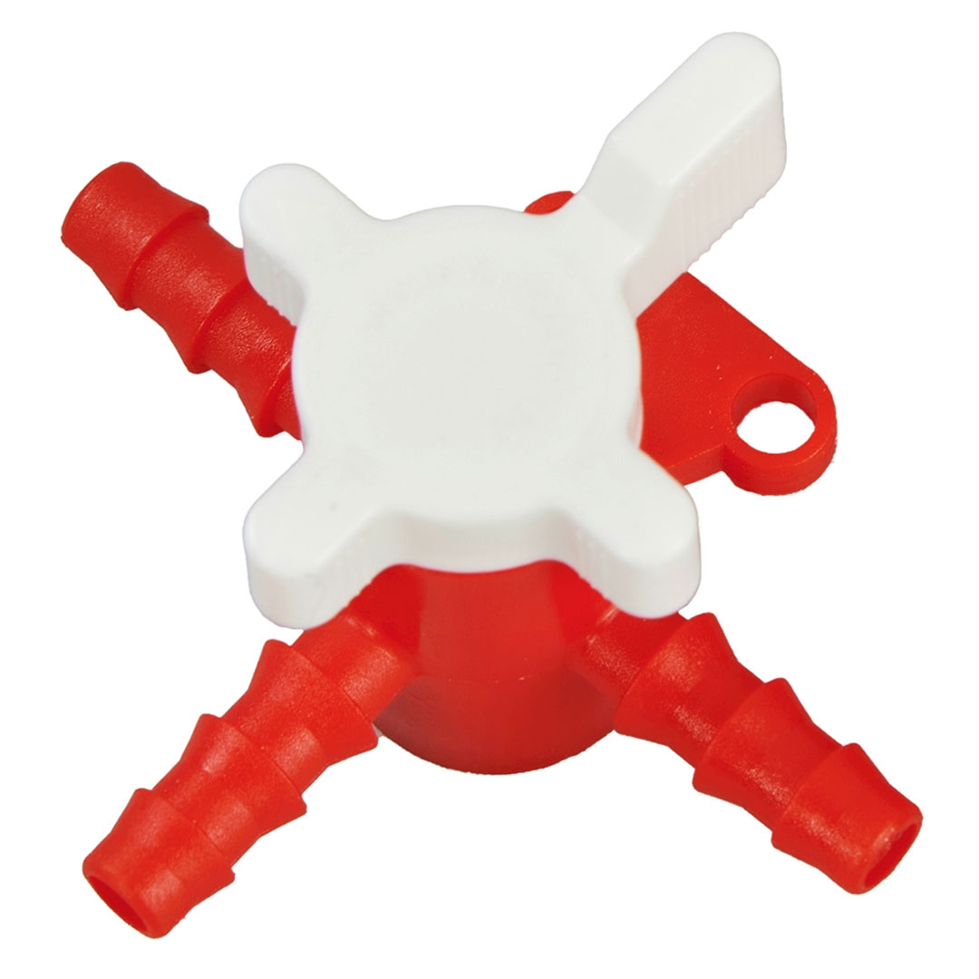 Dreiwegeventil PP/PE, Durchlass 6mm, für Schlauch Di=7-9mm