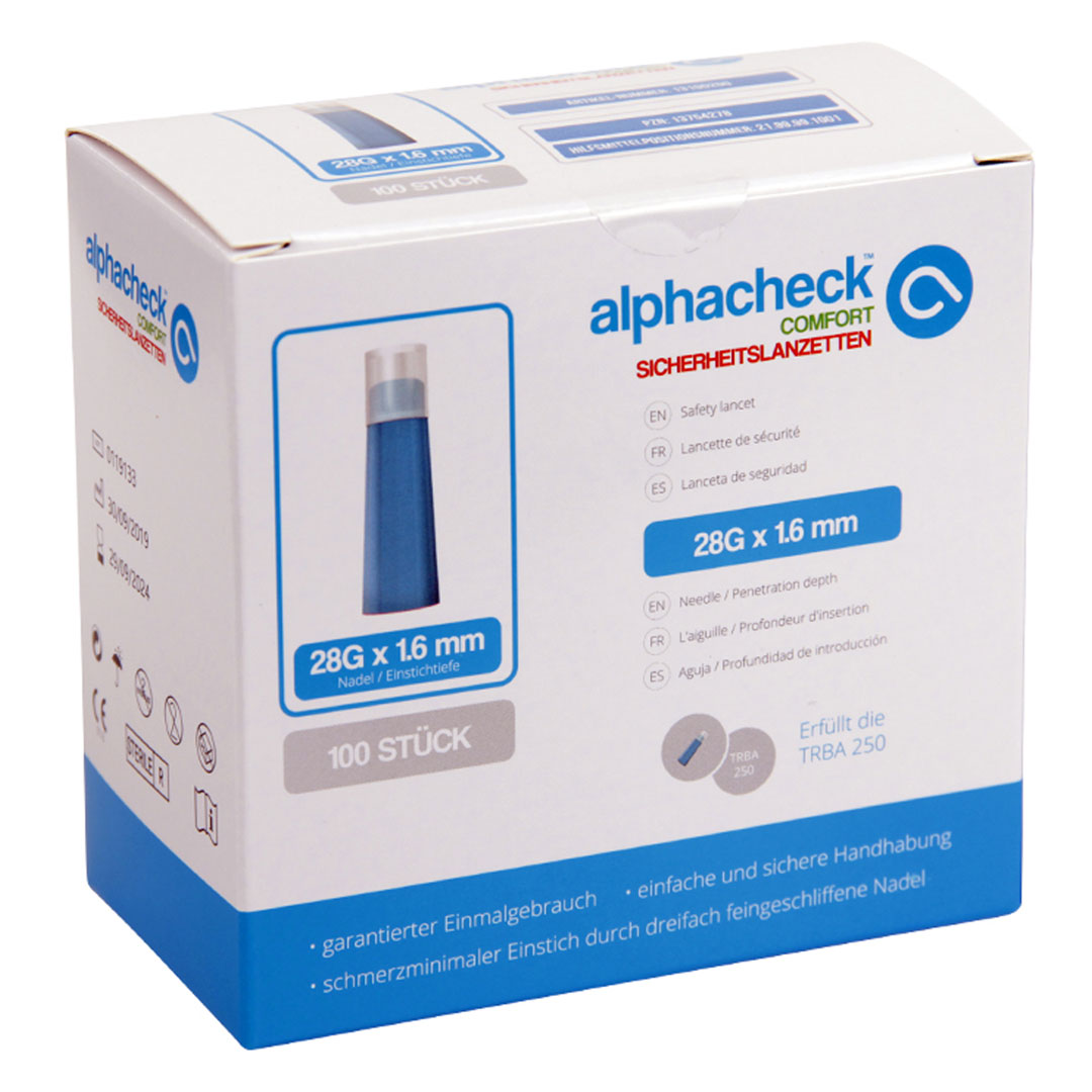 Sicherheits-Blutlanzette alphacheck comfort, 28G, für Einmalgebrauch, 100 Stück