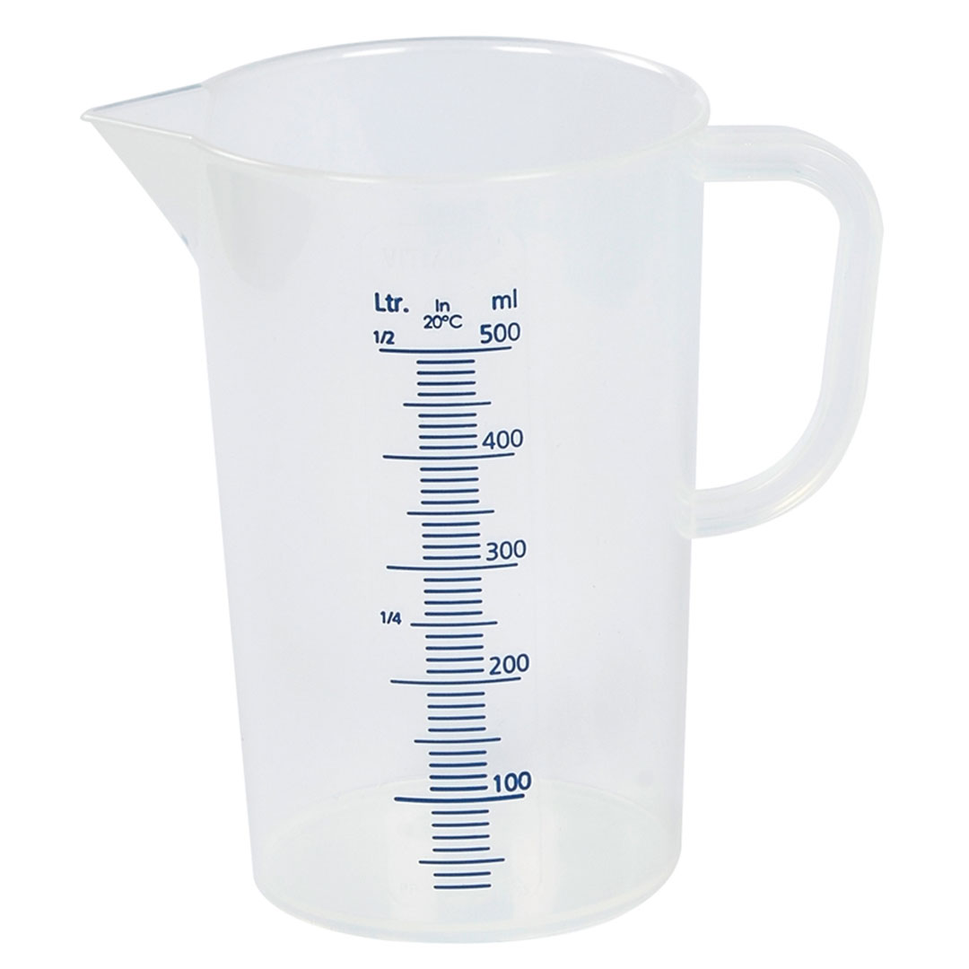 Messbecher PP, mit Griff, Beschriftung blau, 500ml