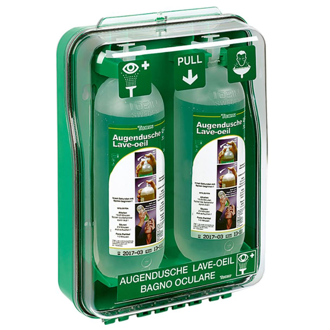 Augenwaschstation, 2x 1 Literflaschen, inkl. Wandhalterung und transparentem Deckel