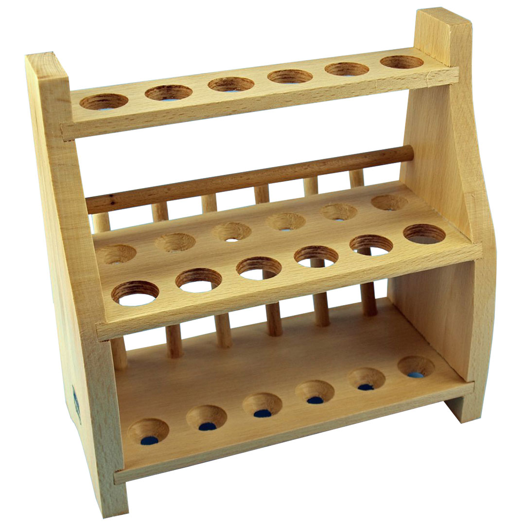 Reagenzglasgestell Holz für 18 Reagenzgläser davon 6 Stäbe, bis D=18 mm