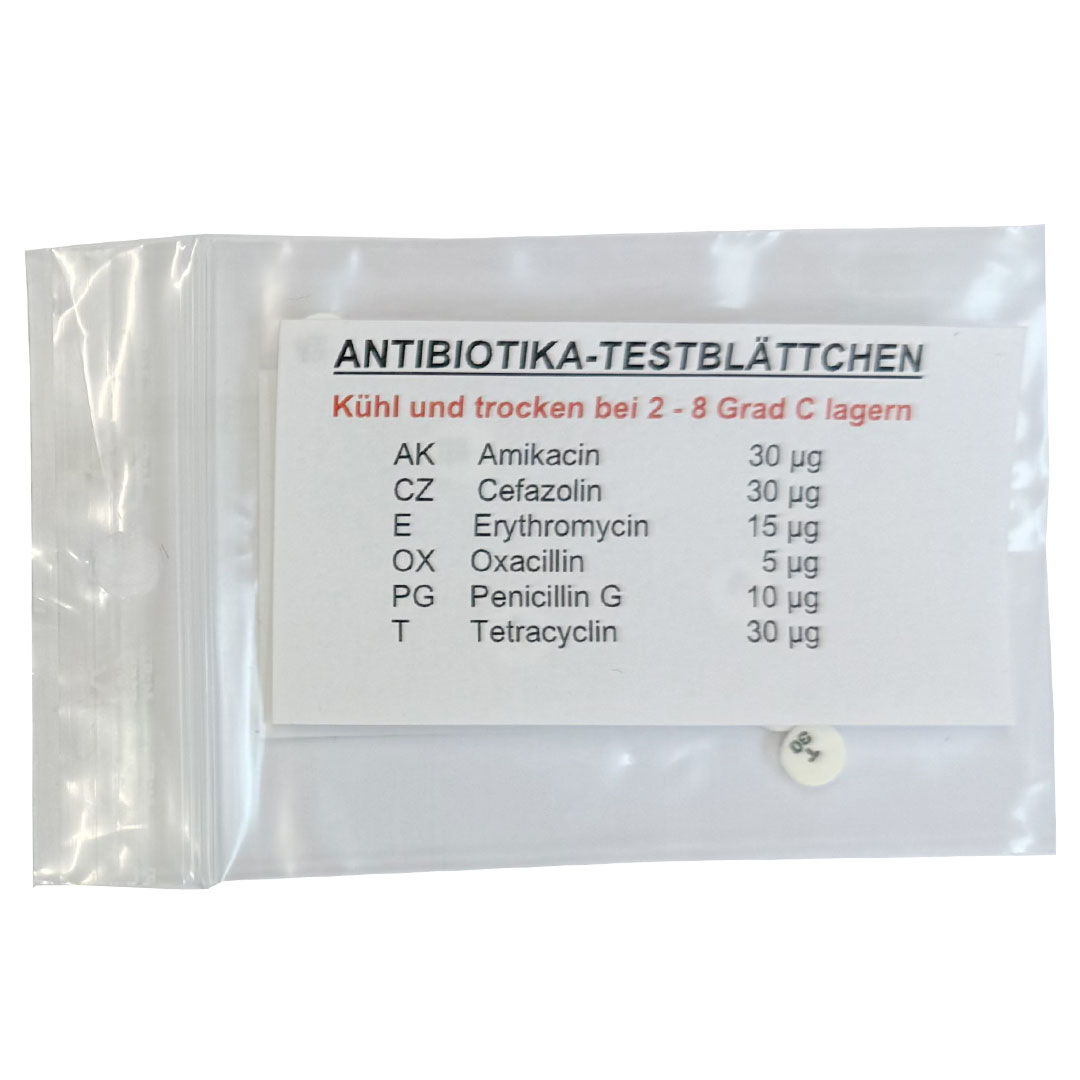 Antibiotika-Testblättchen, 1x 6 Stück mit je 1 Antibiotikum