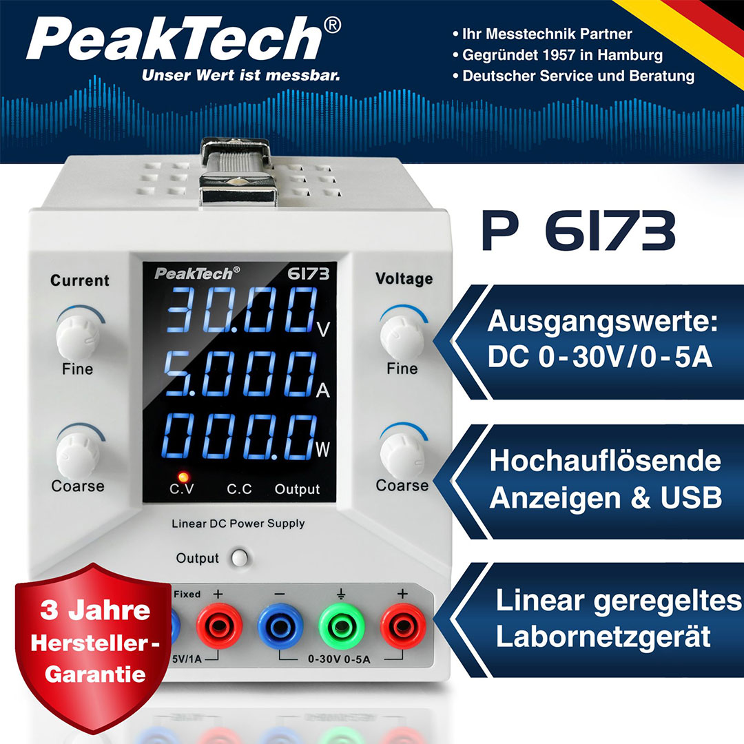 PeakTech® P 6173, Digital Labornetzgerät 0-30 V / 0-5 A DC & USB